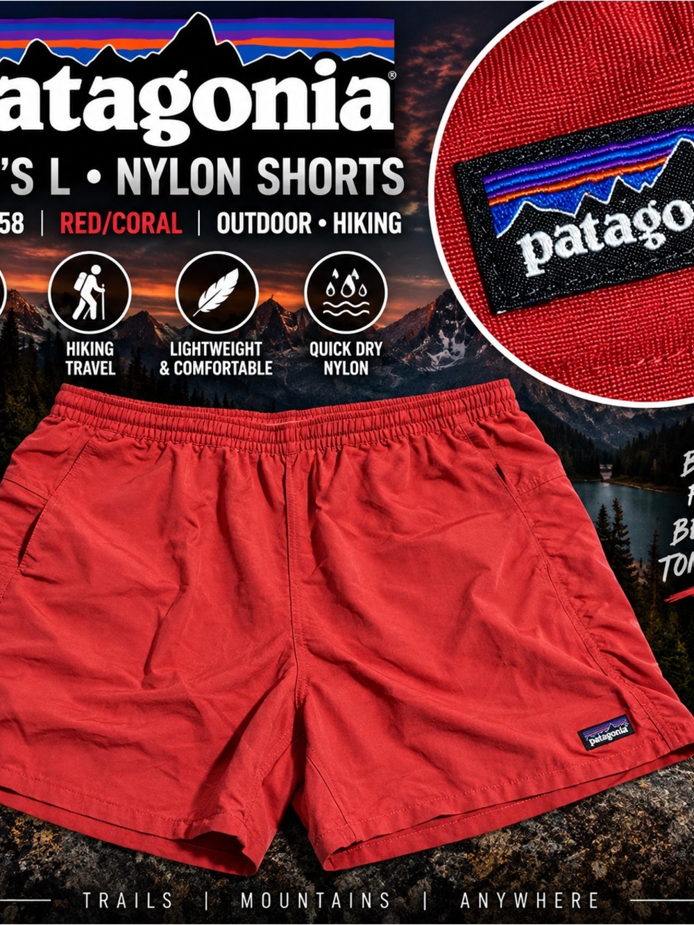 Patagonia Men’s L Red Nylon Shorts STY57058 Elastic Waist Outdoor Hiking